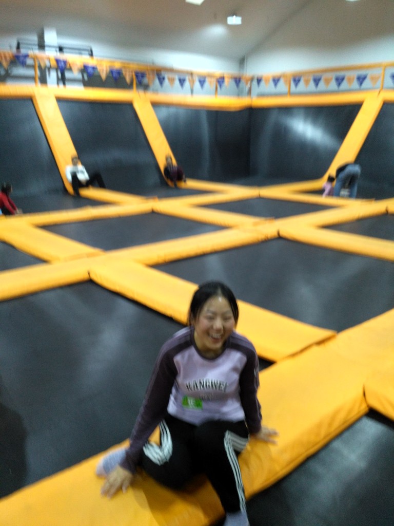 The floor and walls are trampolines, meaning you can jump from one trampoline to the next. These should replace sidewalks.